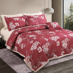 Malako Royale 100% Cotton Red Botanical King Size 5 Piece Quilted Bedspread Set - MALAKO