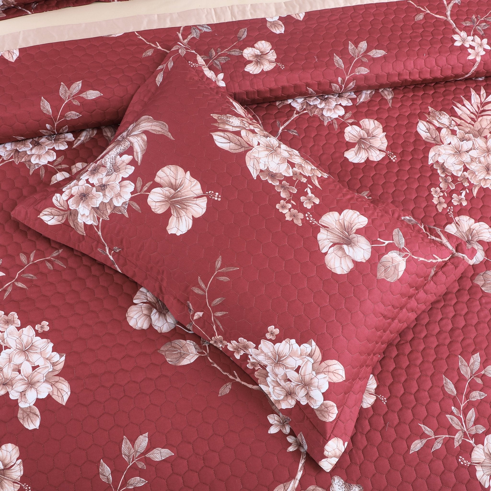 Malako Royale 100% Cotton Red Botanical King Size 5 Piece Quilted Bedspread Set - MALAKO