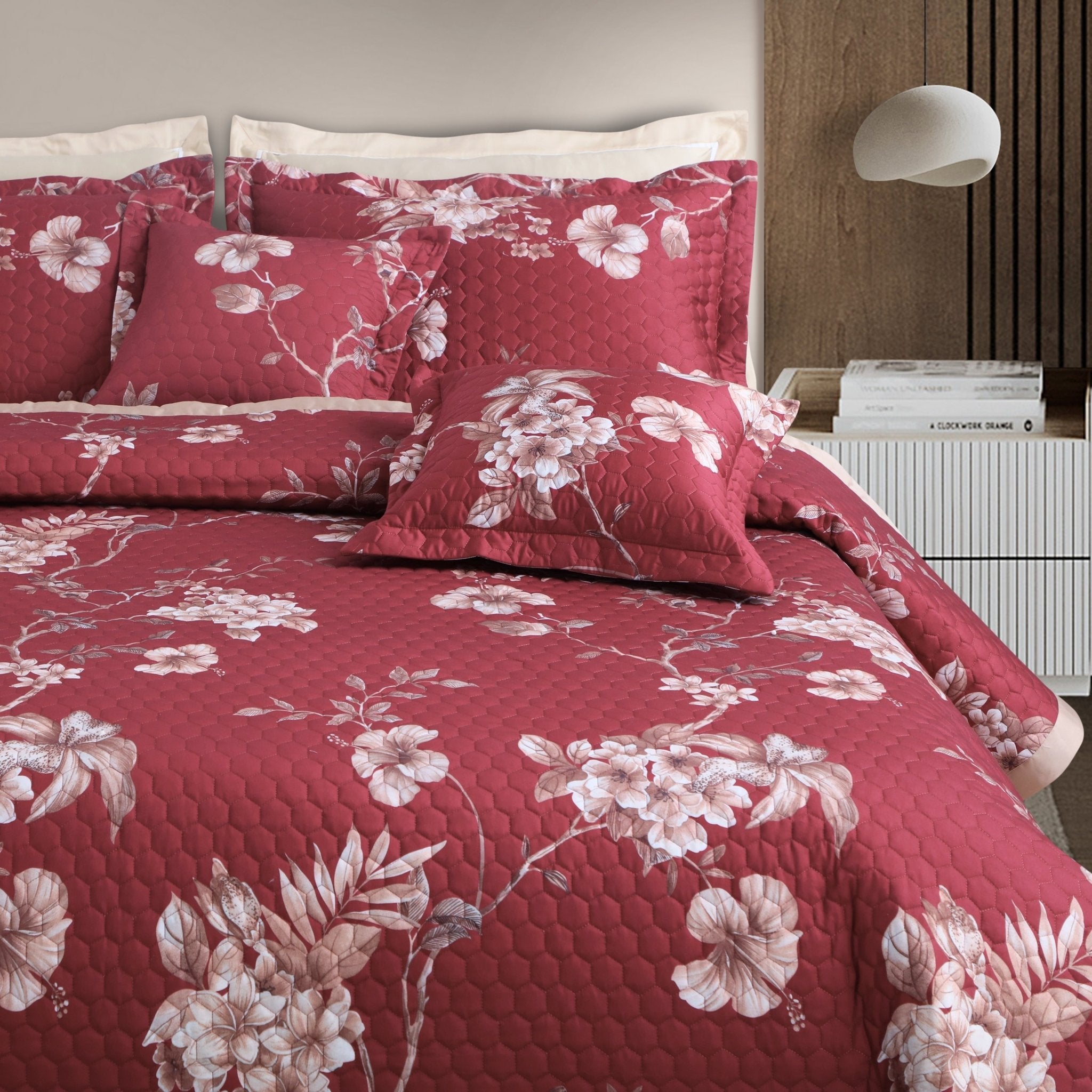 Malako Royale 100% Cotton Red Botanical King Size 5 Piece Quilted Bedspread Set - MALAKO