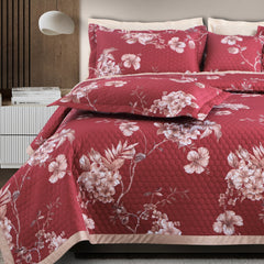 Malako Royale 100% Cotton Red Botanical King Size 5 Piece Quilted Bedspread Set - MALAKO