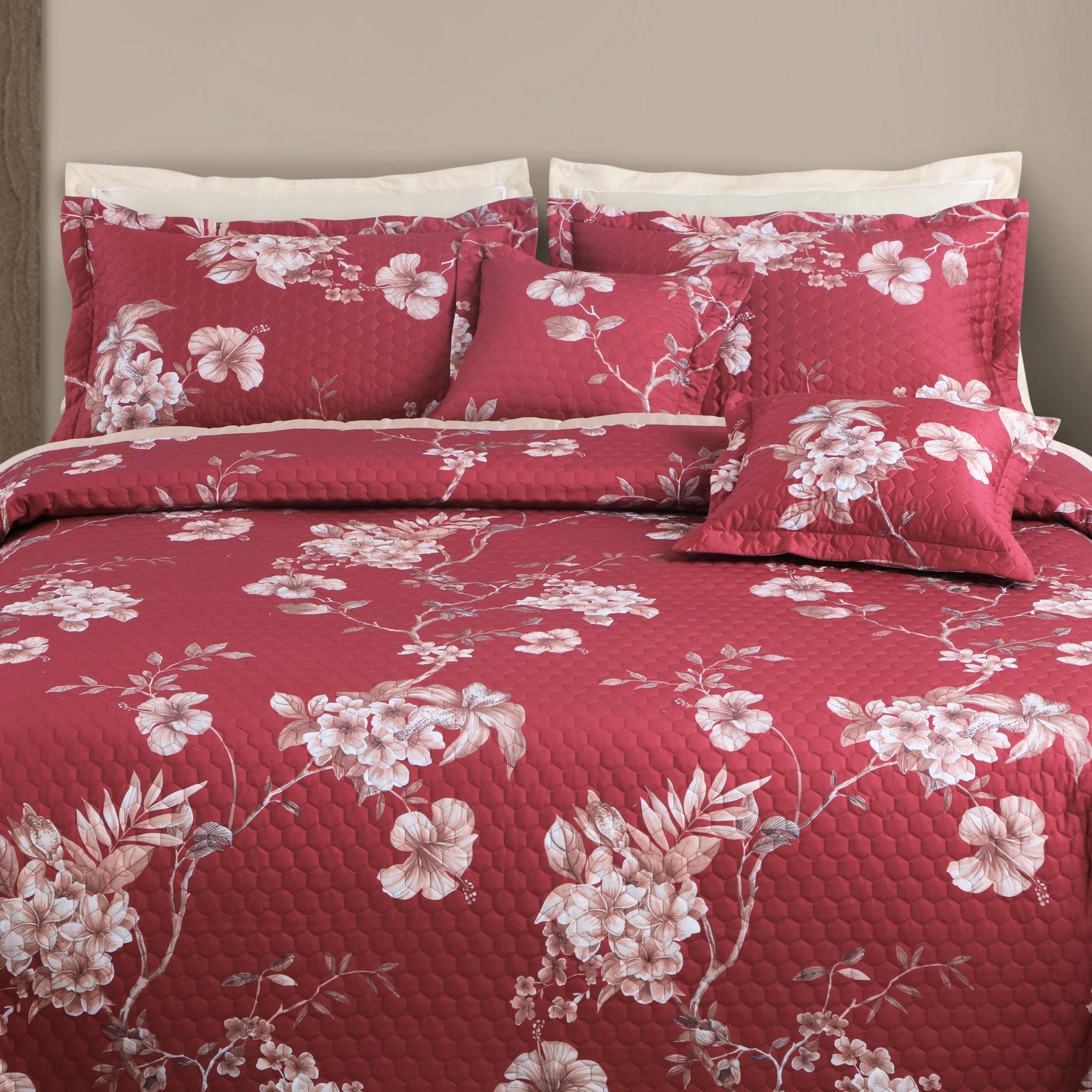 Malako Royale 100% Cotton Red Botanical King Size 5 Piece Quilted Bedspread Set - MALAKO