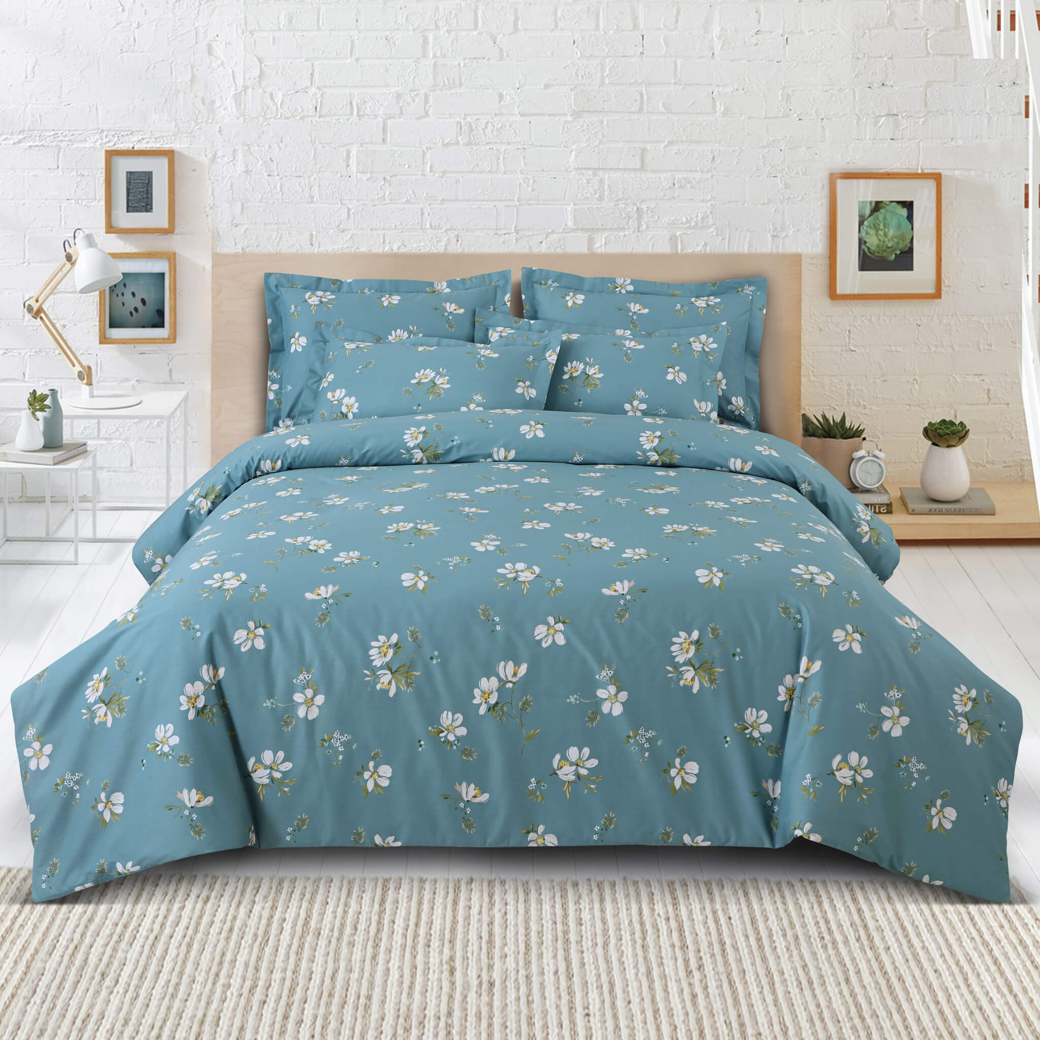 Malako Royale XL Green Floral 100% Cotton King Size Bed Sheet/Bedding Set -  B: 6 Piece Quilted Comforter Set